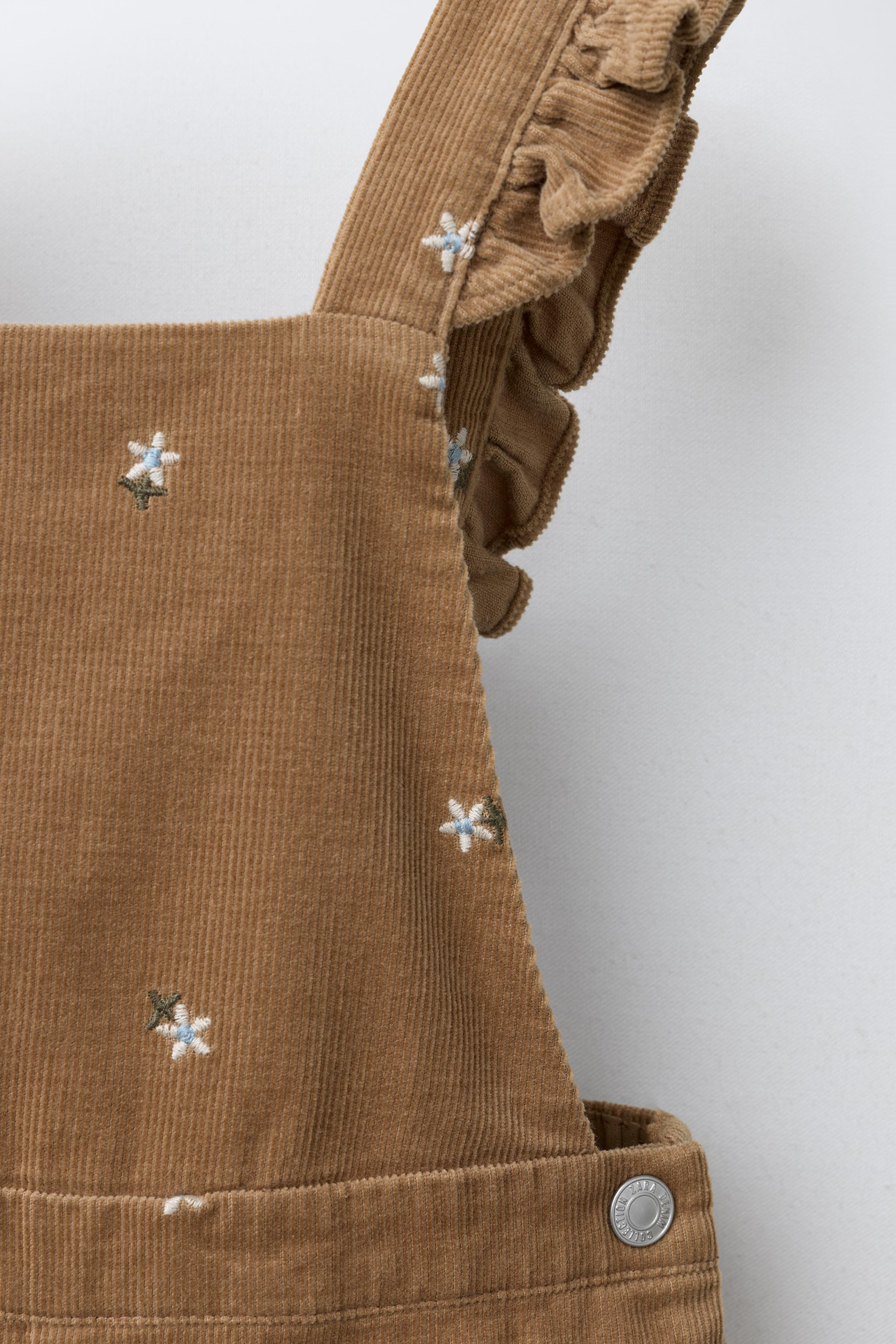 EMBROIDERED FLOWER CORDUROY LONG OVERALLS